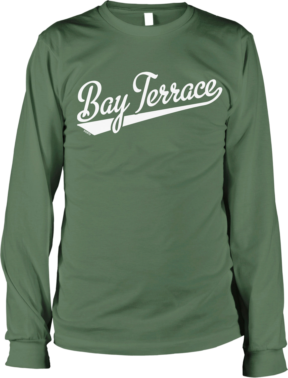 A green long-sleeved shirt with the text "Bay Terrace" printed on it in white lettering.