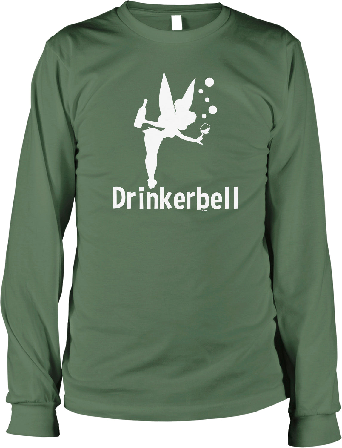 A green long-sleeved t-shirt with a white graphic design depicting a fairy holding a bottle of drink and bubbles. The text "Drinkerbell" is printed below the graphic.