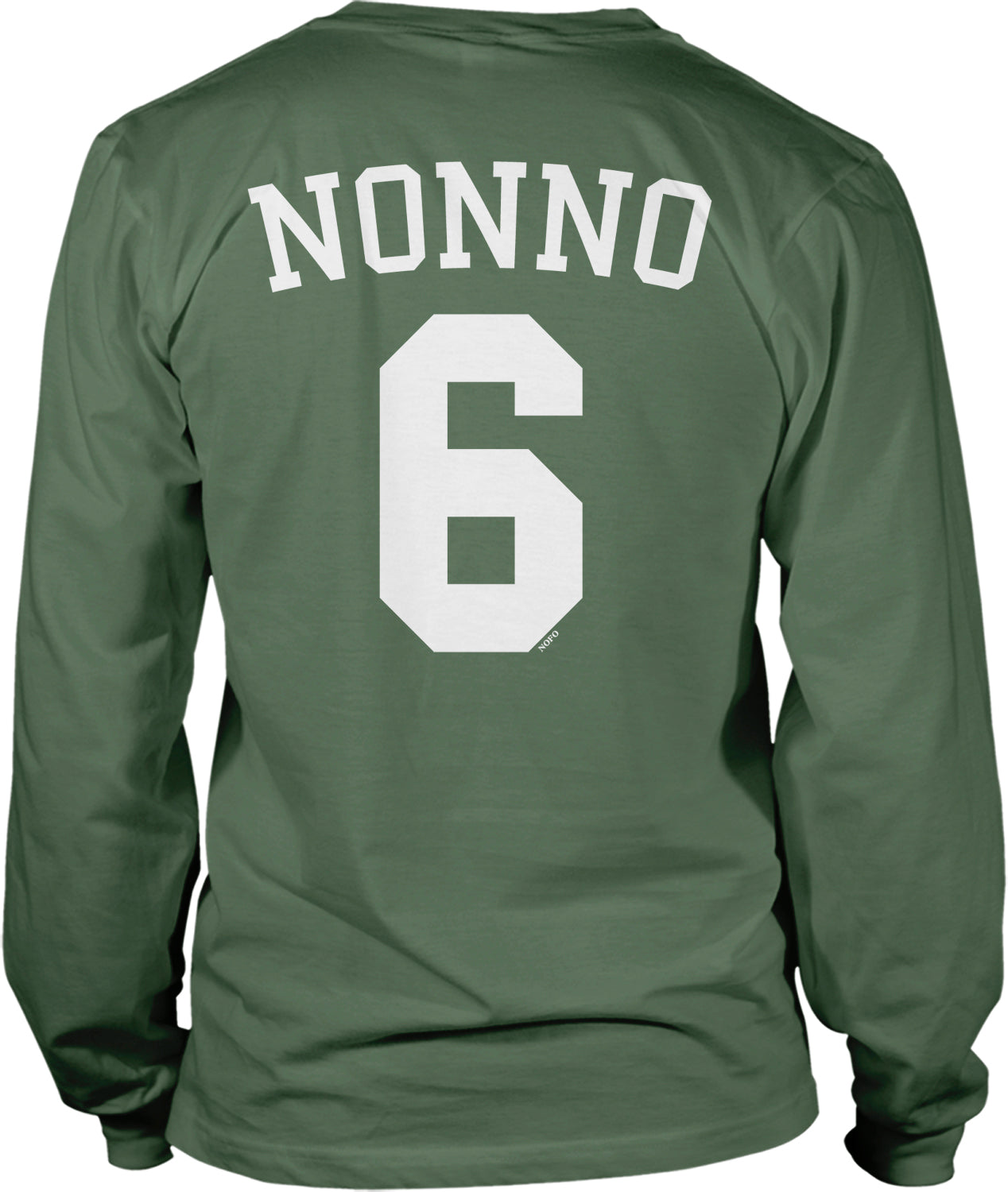 A green long-sleeved t-shirt with the name "NONNO" and the number "6" printed on the back.
