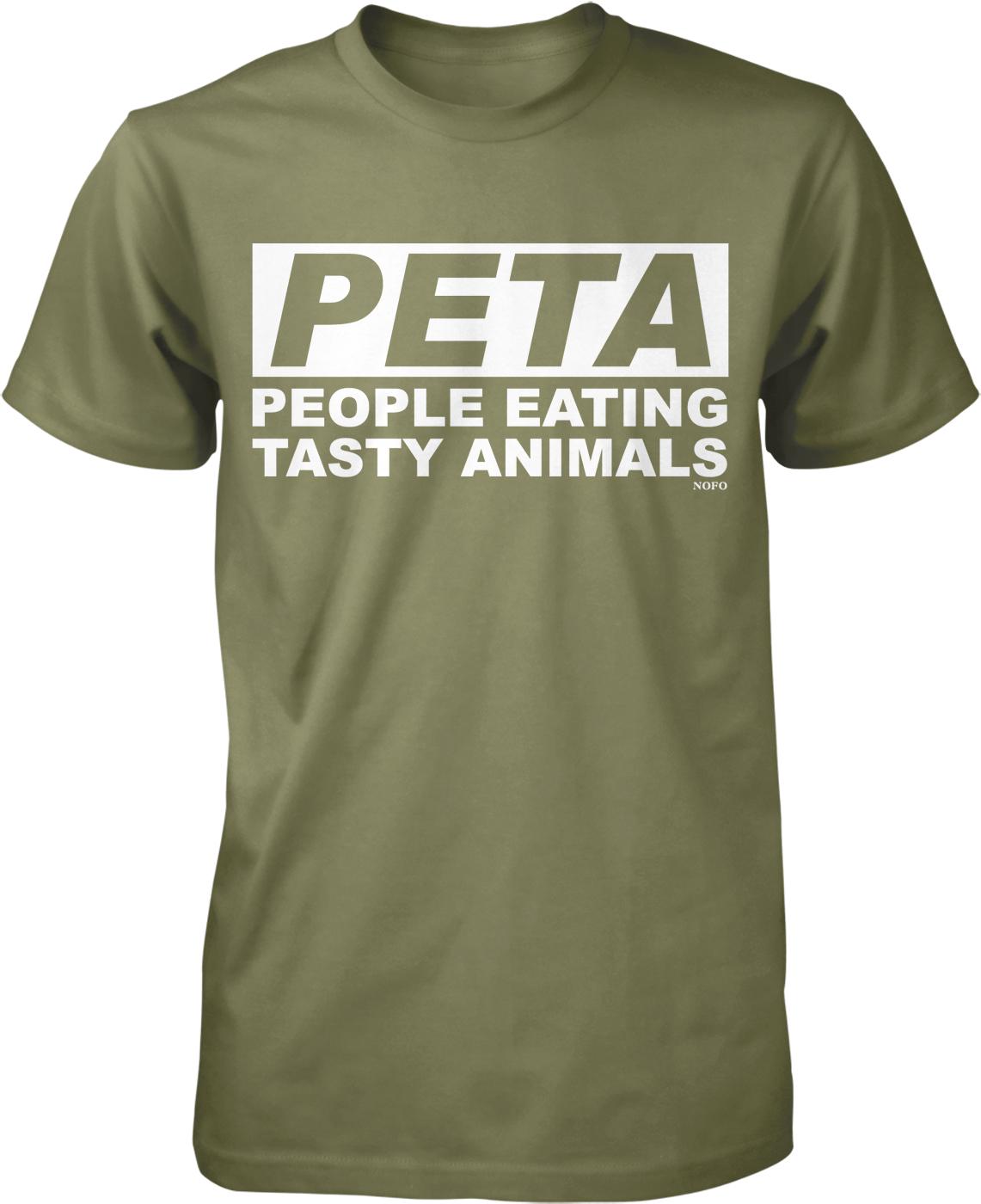 A green t-shirt with the text "PETA PEOPLE EATING TASTY ANIMALS" printed on it.