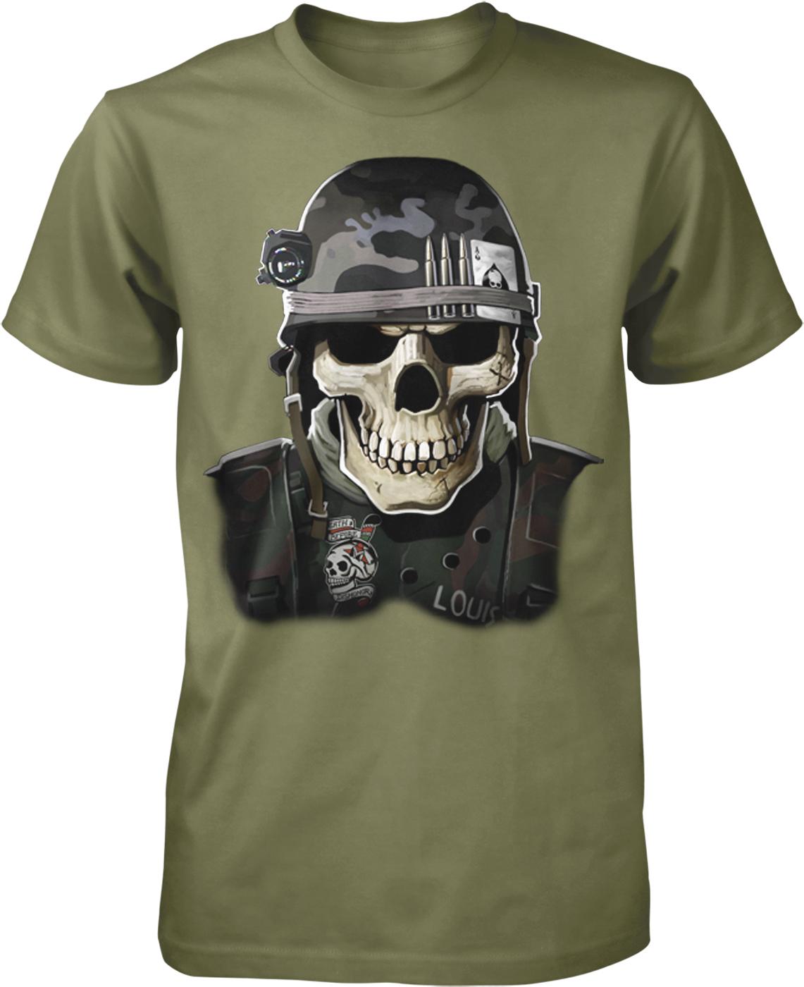 A t-shirt design featuring a skull wearing a military-style helmet and uniform, with the word "LOUIS" visible on the shirt.