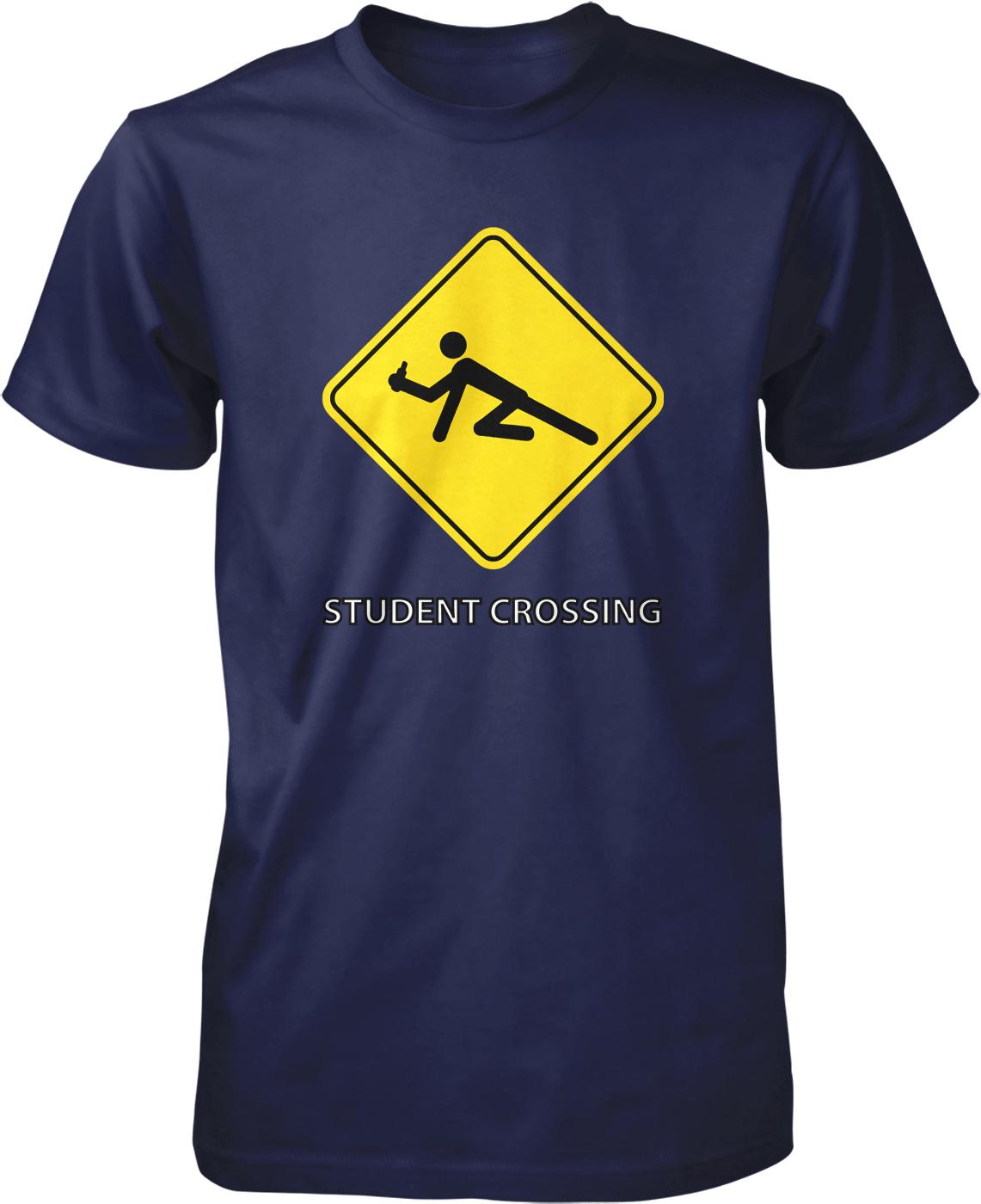 A navy blue t-shirt with a yellow diamond-shaped sign featuring a person in a crouching position, along with the text "Student Crossing" below it.