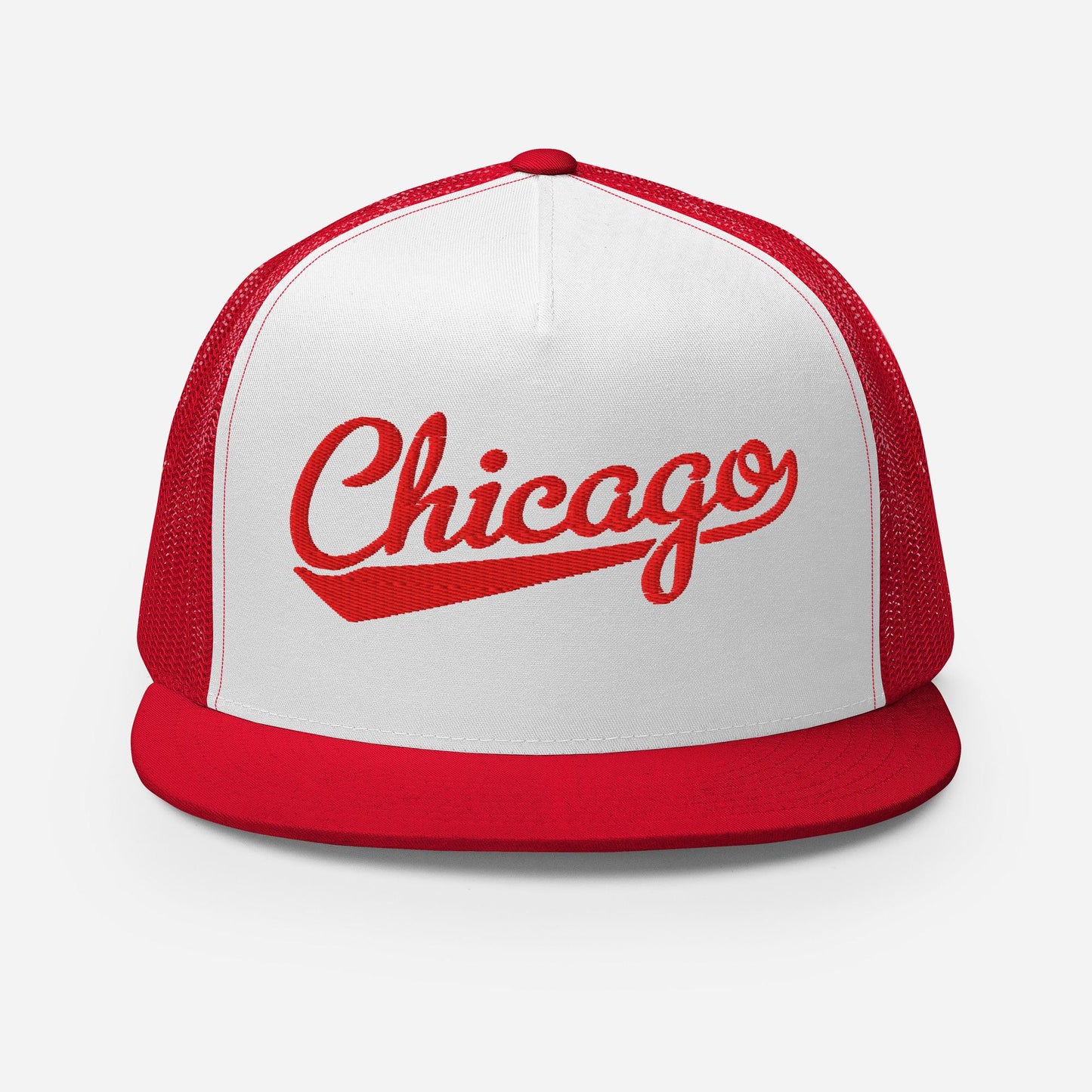 A red and white baseball cap with the word "Chicago" printed on it.