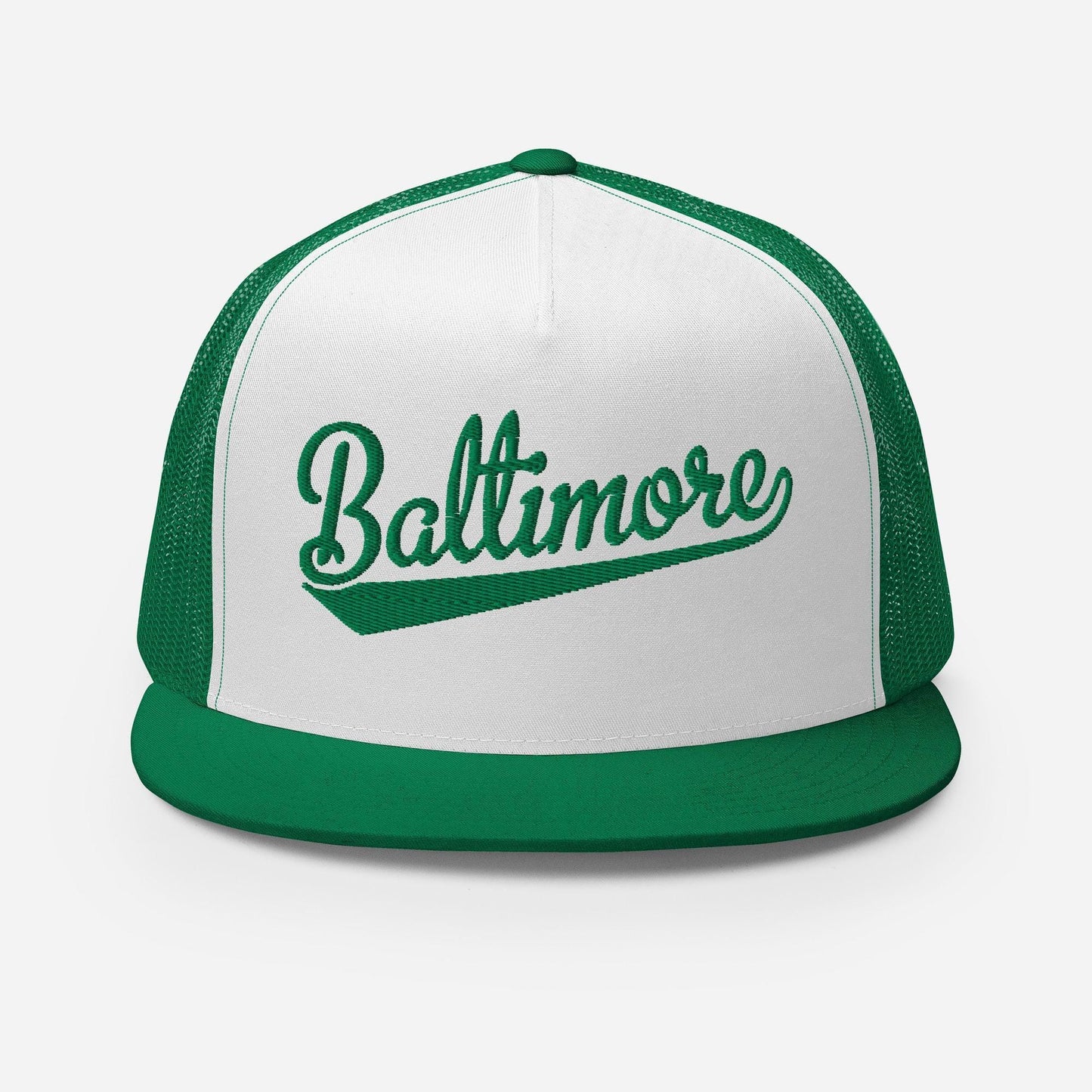 A green and white baseball cap with the word "Baltimore" printed on it.