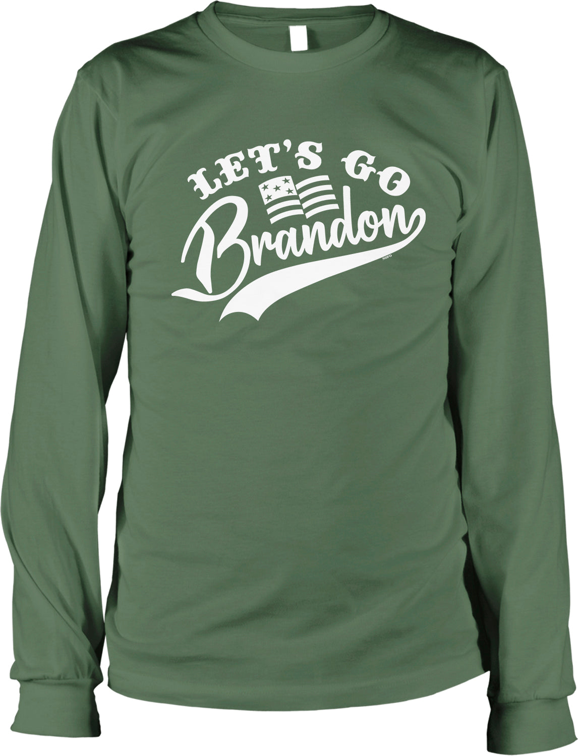 A green long-sleeved t-shirt with the text "Let's go Brandon" printed on it in white lettering.