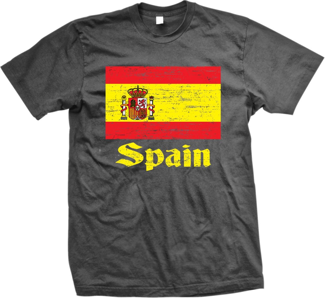 A black t-shirt with a graphic design depicting the flag of Spain and the word "Spanish" written below it.