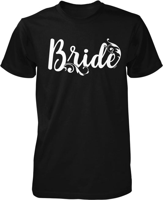 A black t-shirt with the word "Bride" printed in white text.