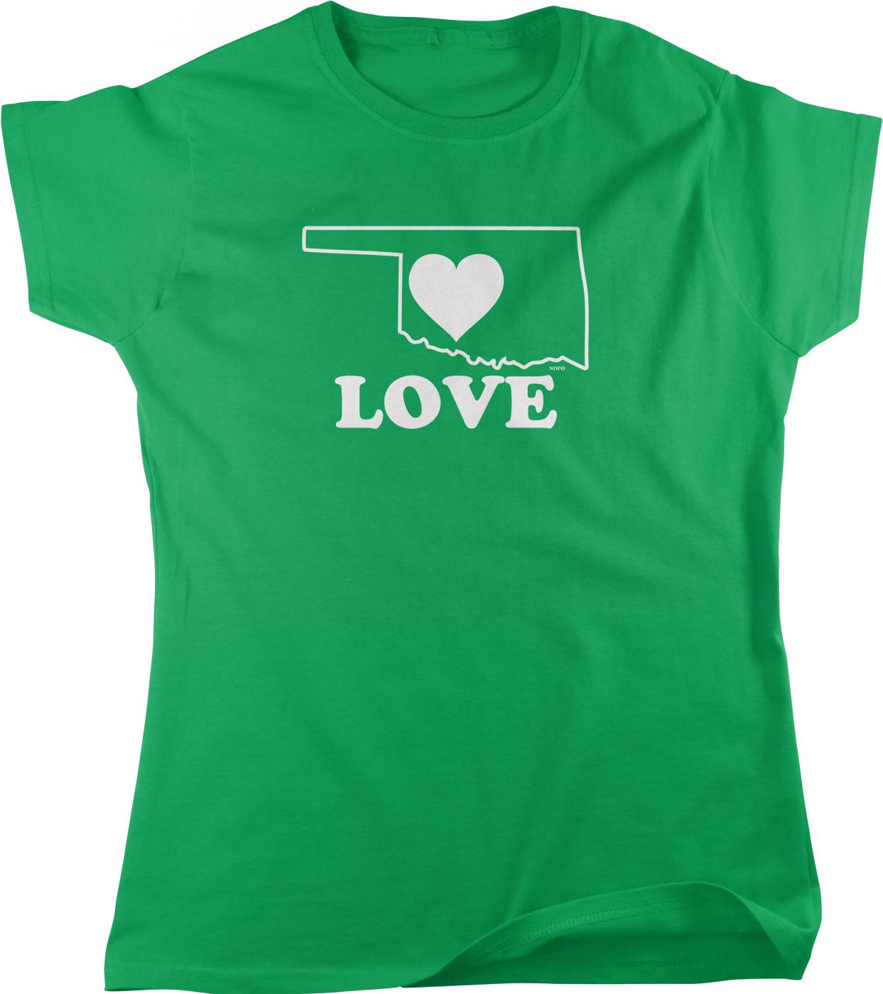 A green t-shirt with a white graphic design that says "LOVE" and features a heart symbol inside a state outline.
