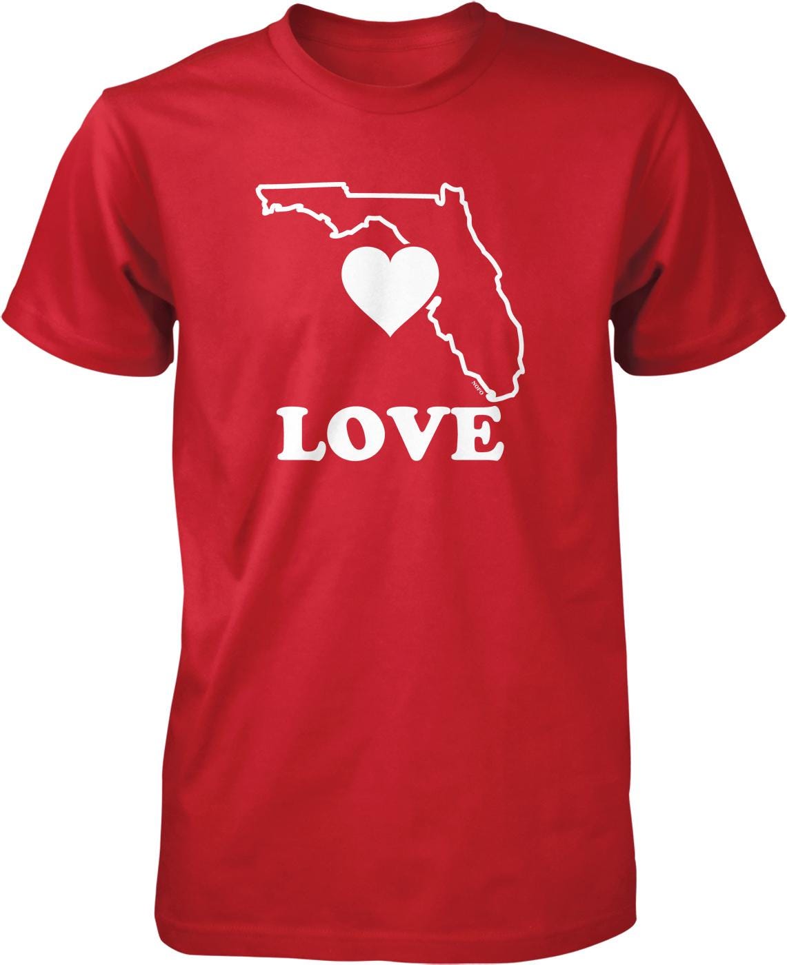 A red t-shirt with a white graphic design that says "LOVE" and features a heart shape inside the state of Florida.