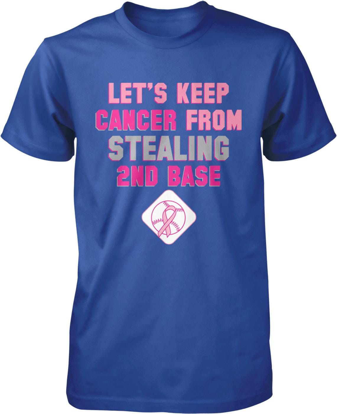 The image is a blue t-shirt with text and a baseball graphic.