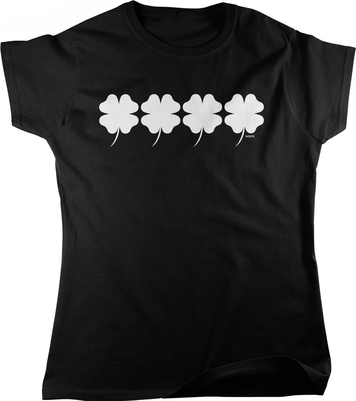 A black t-shirt with a white four-leaf clover design printed on it.