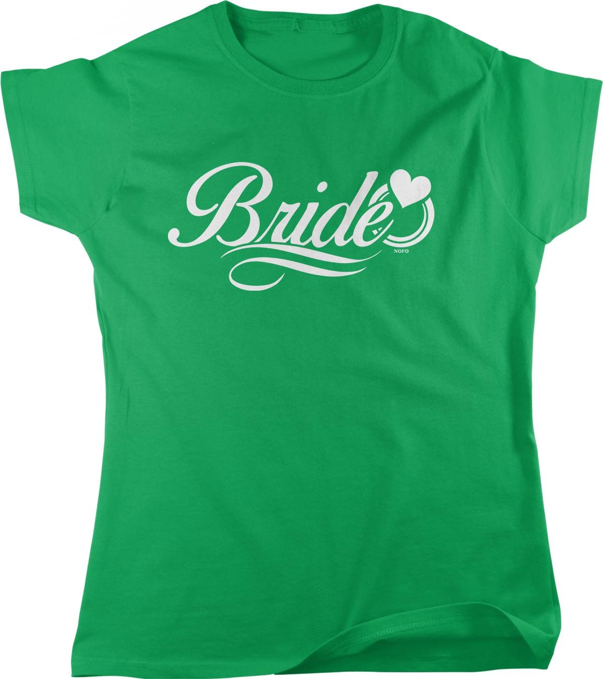 A bright green t-shirt with the word "Bride" printed on it in white text.