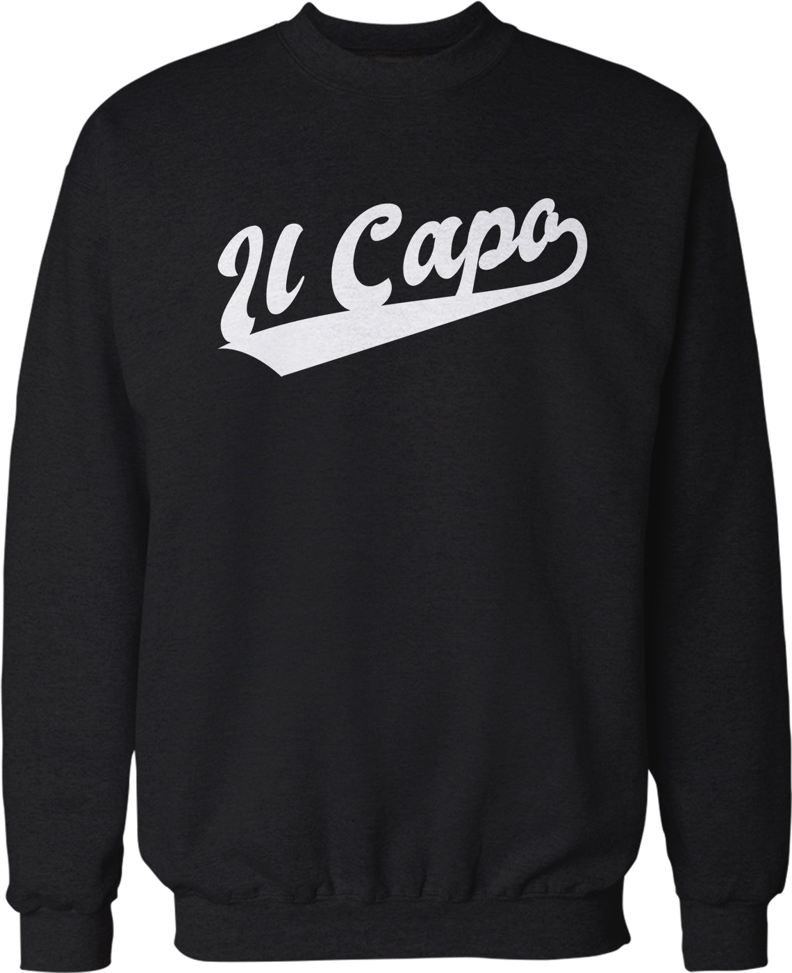 A black sweatshirt with the word "U Capo" printed in white on the front.