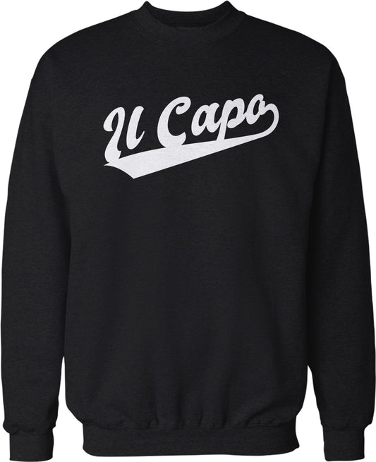 A black sweatshirt with the word "U Capo" printed in white on the front.