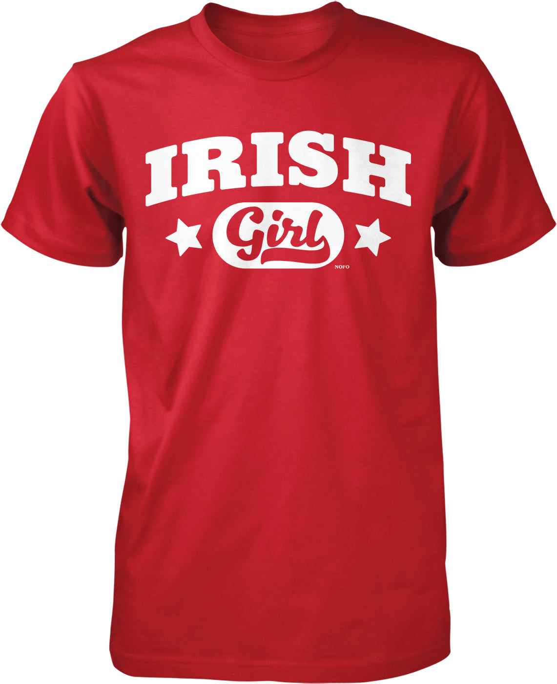 A red t-shirt with the text "IRISH Girl" printed on it in white letters.