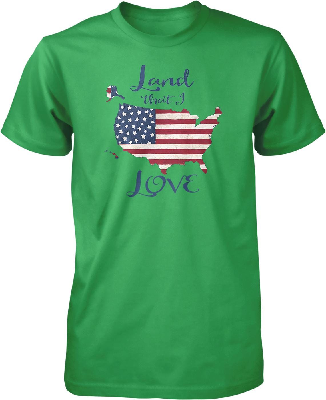 A green t-shirt with a graphic design depicting the United States map and the text "Land that I love" printed on it.