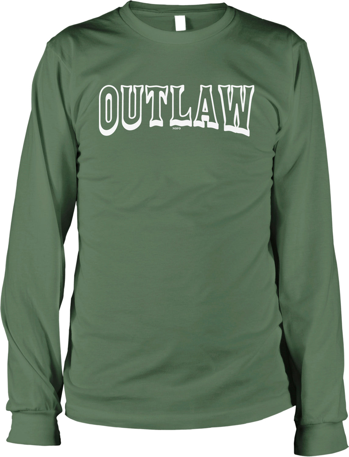 A long-sleeved green t-shirt with the word "OUTLAW" printed in white letters across the front.