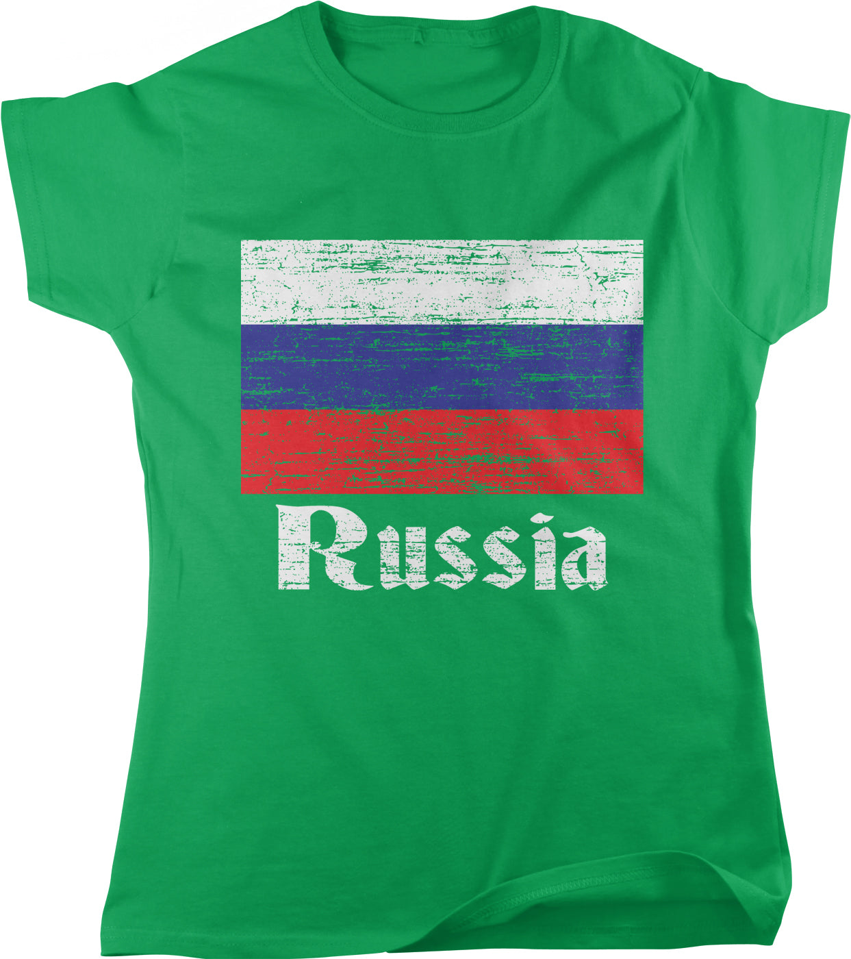 A green t-shirt with a graphic design featuring the Russian flag and the word "Russia" printed on it.