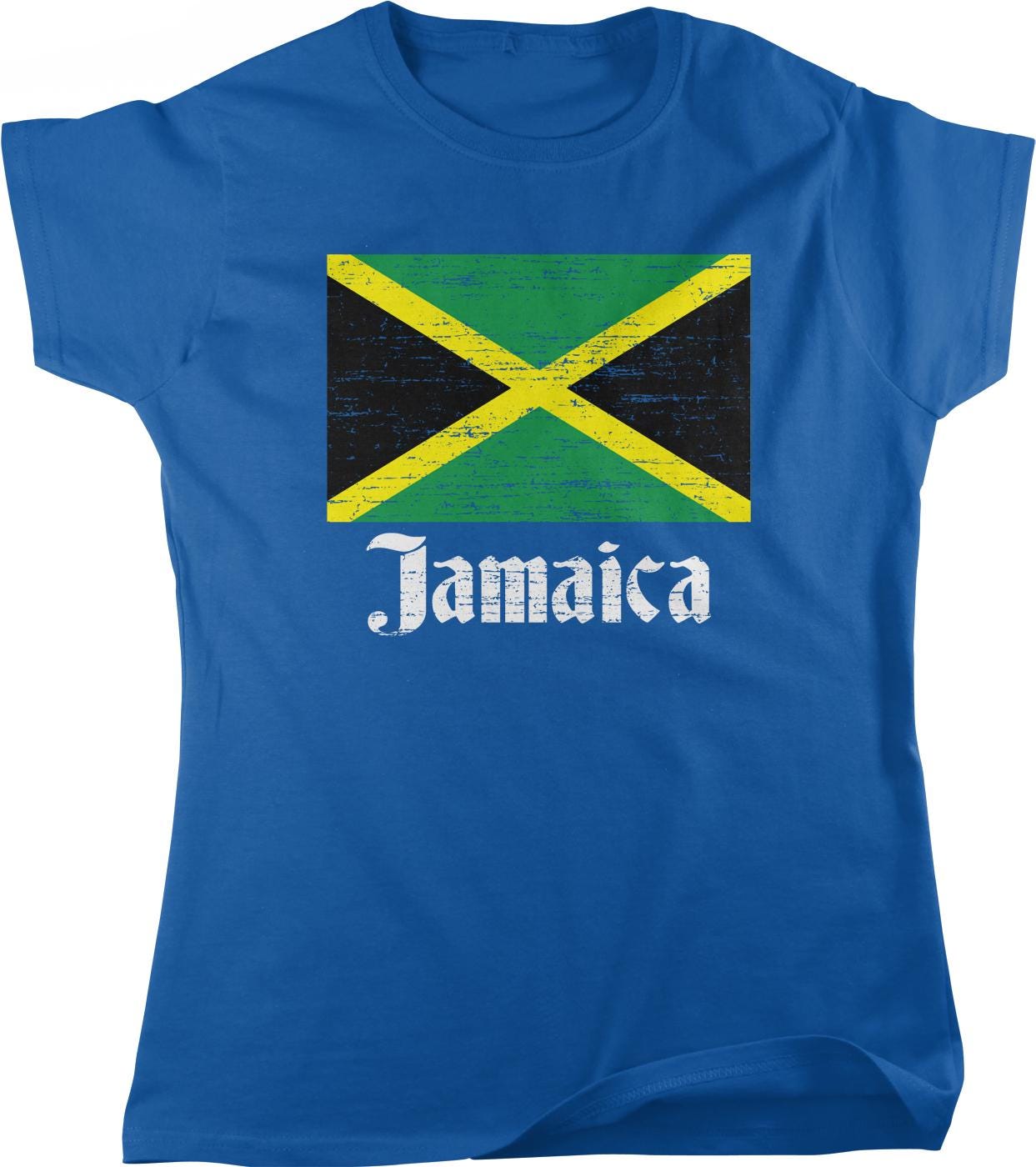 A blue t-shirt with a graphic of the Jamaican flag and the word "Jamaica" printed on it.