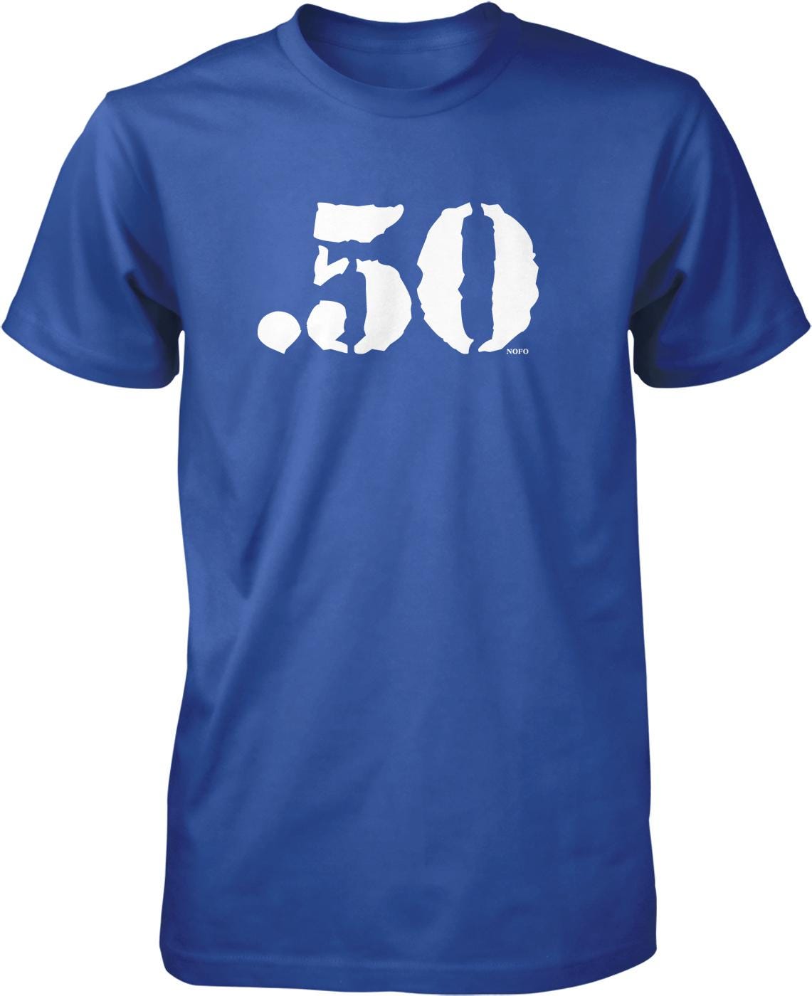 A blue t-shirt with the number 50 printed on it.