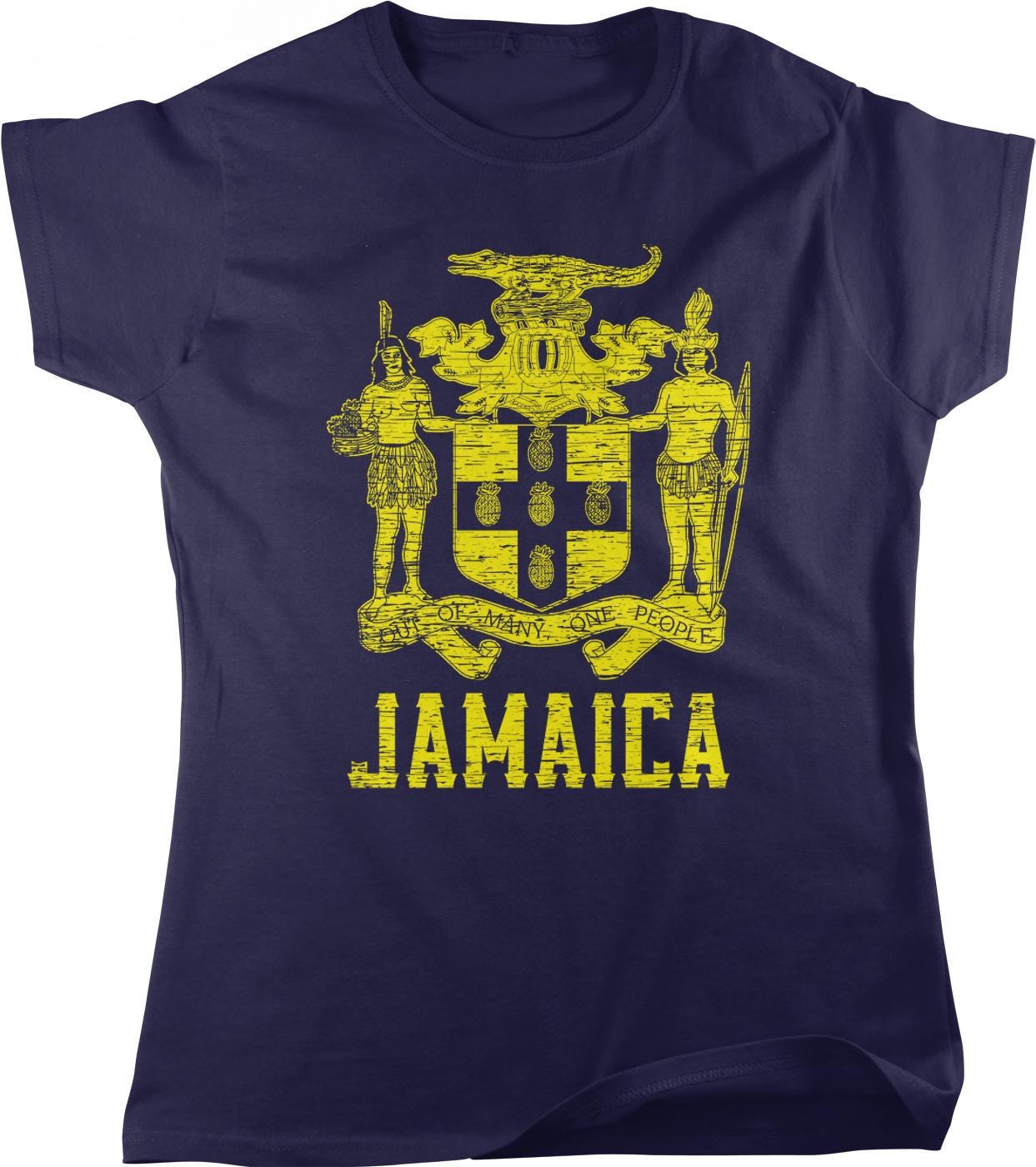 A navy blue t-shirt with a yellow graphic design depicting the coat of arms of Jamaica.