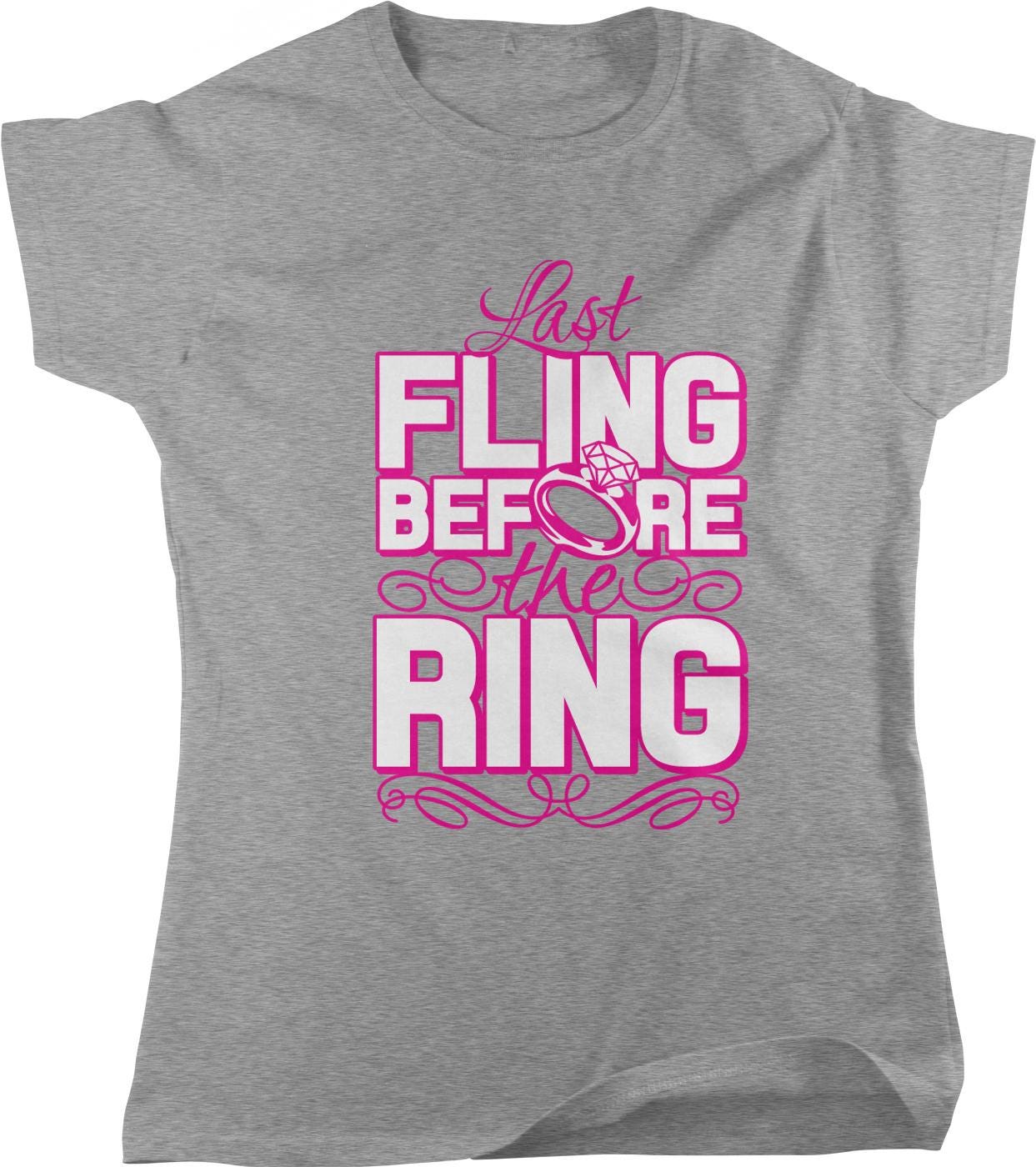 A gray t-shirt with a pink and white graphic design that says "Last Flirting Before the Ring".