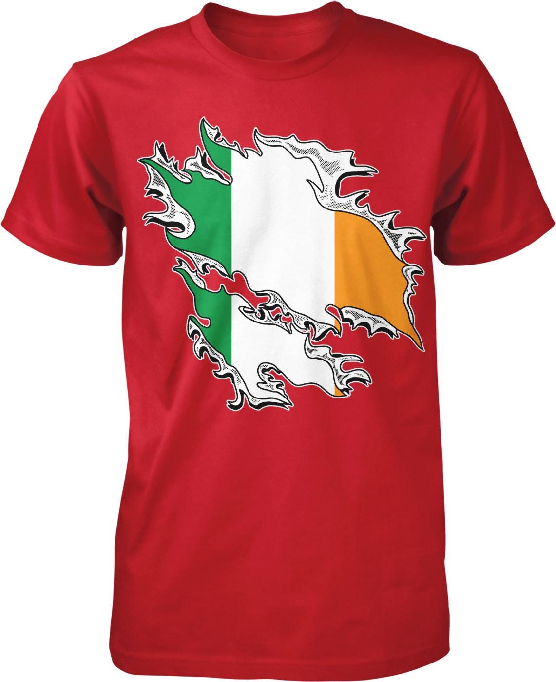 A red t-shirt with a graphic design depicting the flag of Ireland, which consists of three horizontal stripes in green, white, and orange.