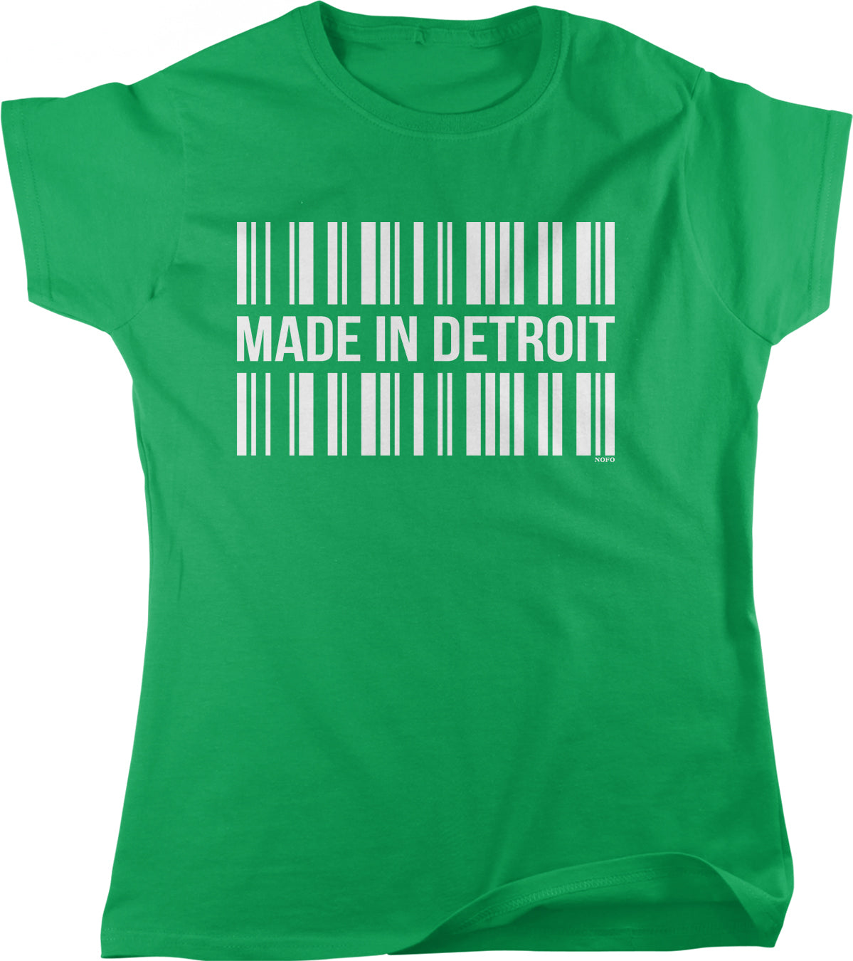 A green t-shirt with the text "MADE IN DETROIT" printed on it in white.