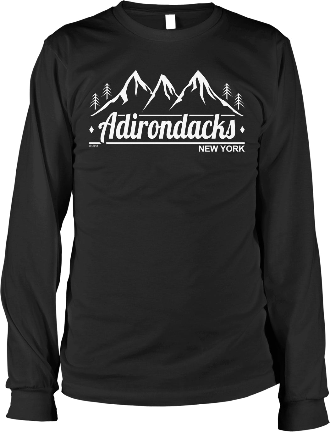 A black long-sleeved t-shirt with a graphic design featuring mountains and trees, along with the text "Adirondacks NEW YORK".