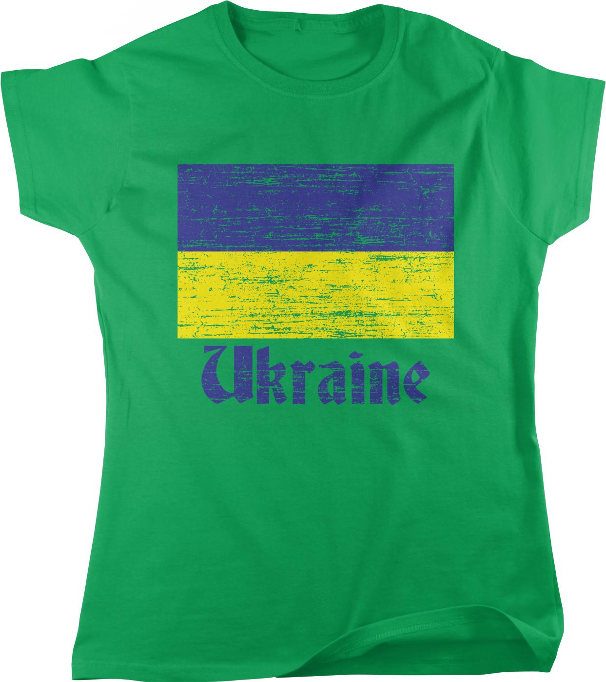 A green t-shirt with a graphic design depicting the flag of Ukraine, featuring a blue and yellow rectangular shape with a distressed texture.