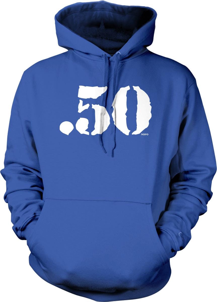 A blue hoodie with a white graphic design on the front.