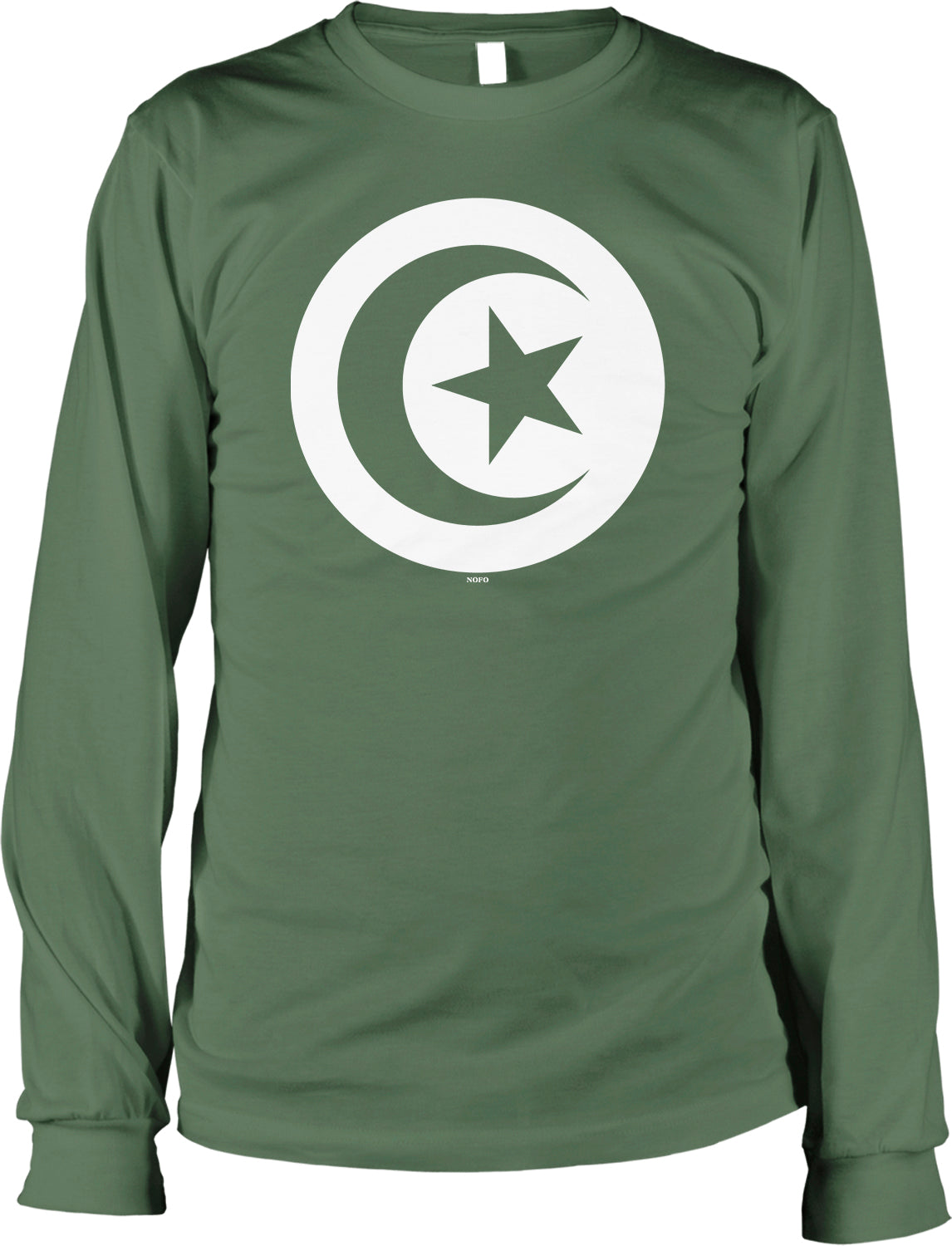 A long-sleeved green t-shirt with a white circular logo featuring a crescent moon and star.