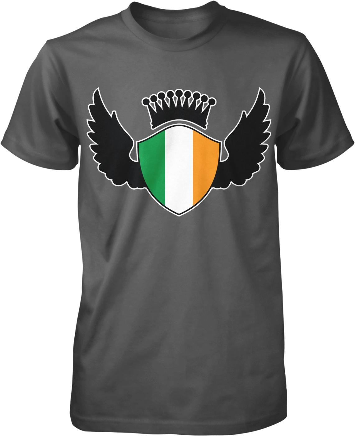 A gray t-shirt with a graphic design featuring a shield with a green, white, and orange border, and a crown with wings on either side.