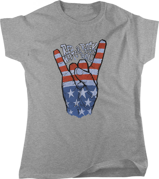 A gray t-shirt with a graphic design featuring a hand making a rock and roll sign, with an American flag pattern below it.