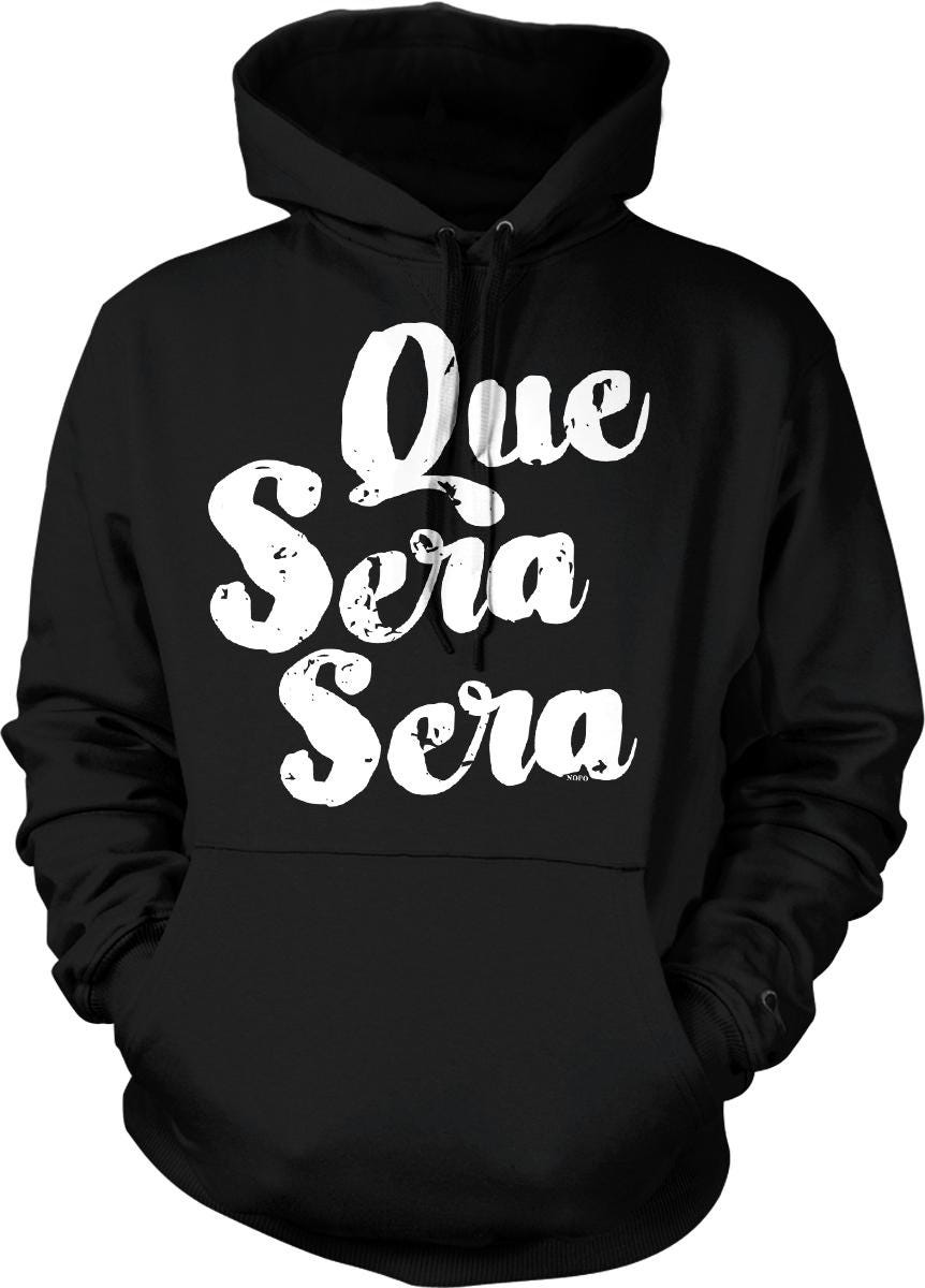 A black hoodie with white text printed on it.