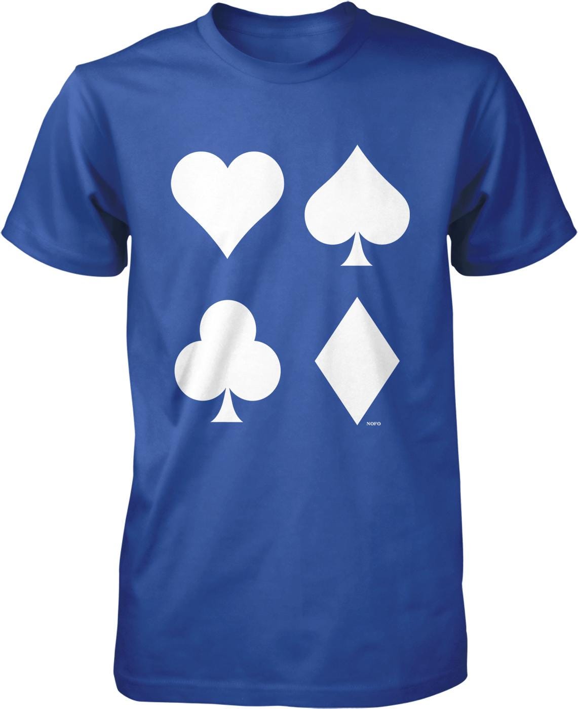 A blue t-shirt with four white playing card symbols printed on it.
