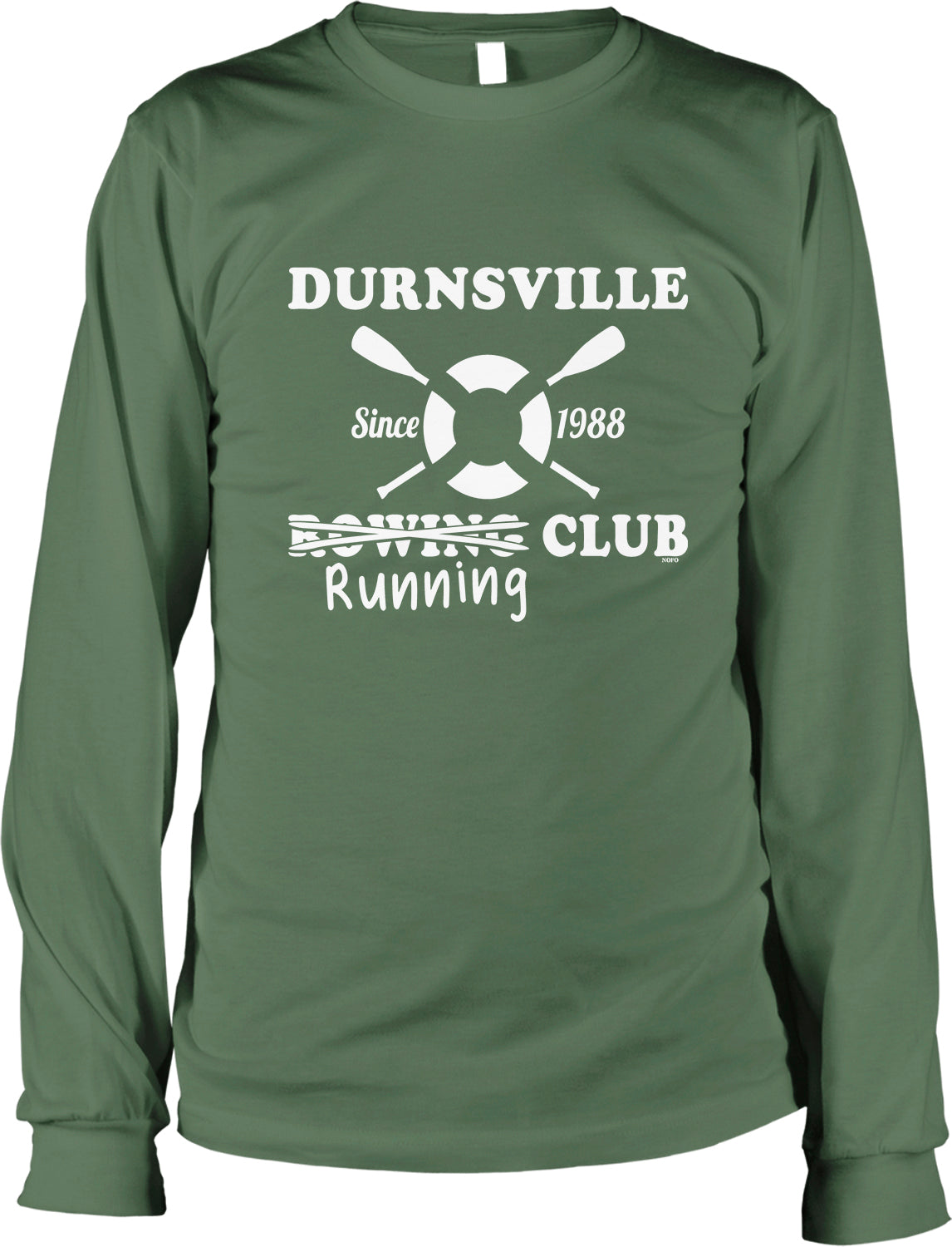 A green long-sleeved t-shirt with white text and graphics printed on it.