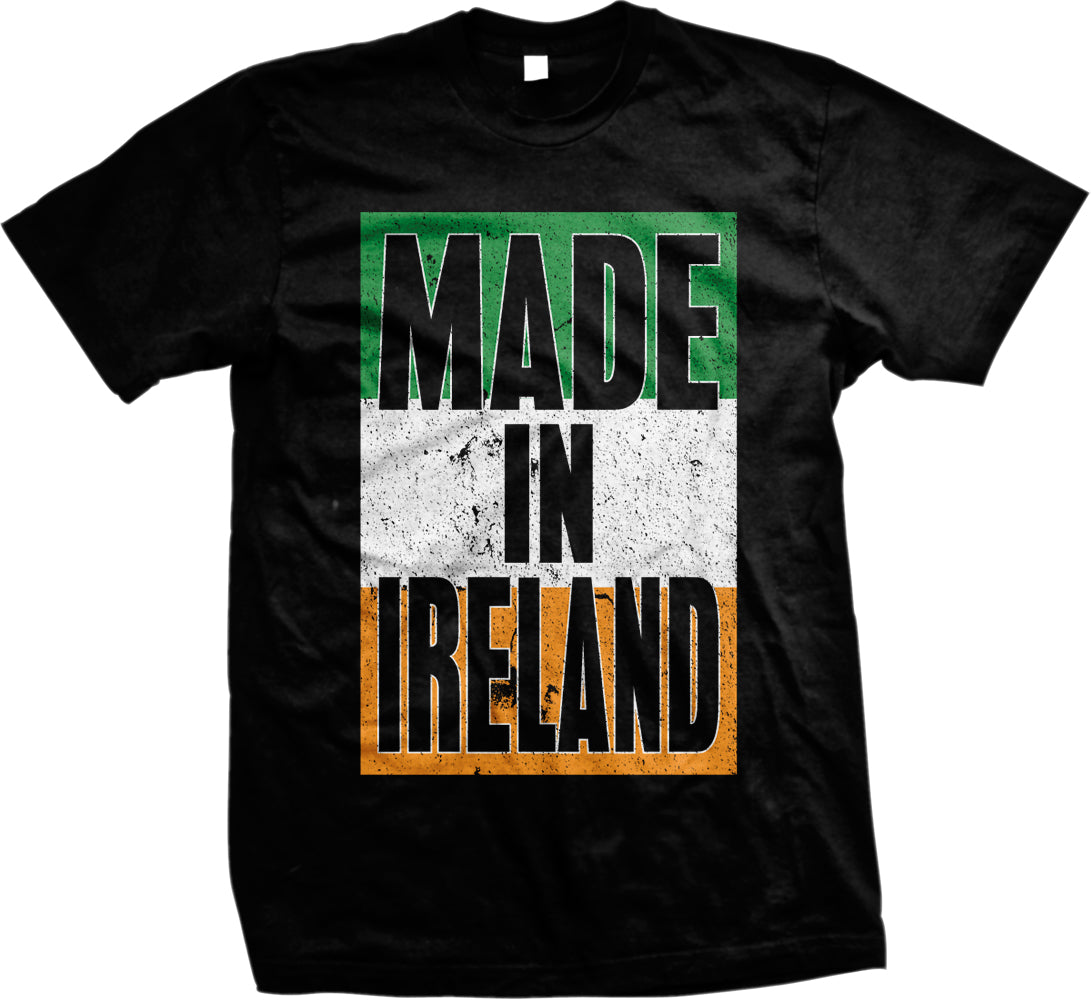 A black t-shirt with the text "MADE IN IRELAND" printed on it in a bold, graphic style.