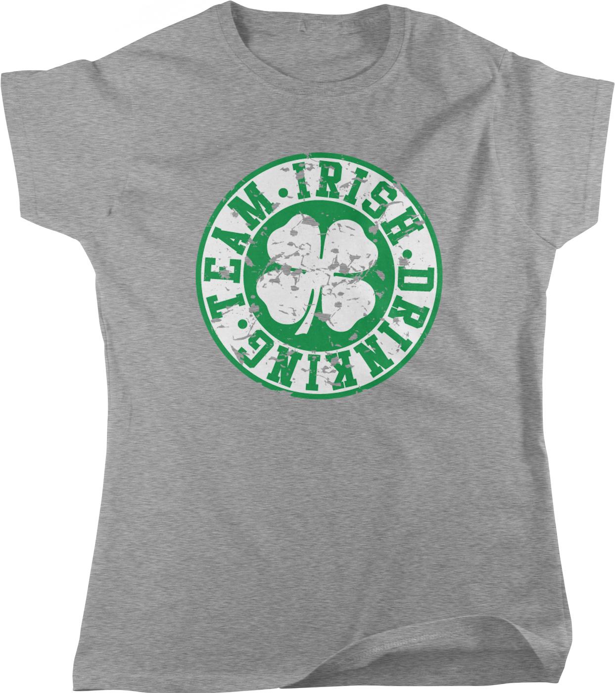 A grey t-shirt with a green and white circular logo that says "TEAM. IRISH. DRINKING" around the edge.