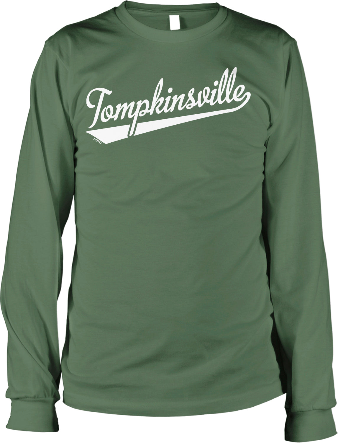 A green long-sleeved shirt with the text "Tompkinsville" printed on it in white lettering.