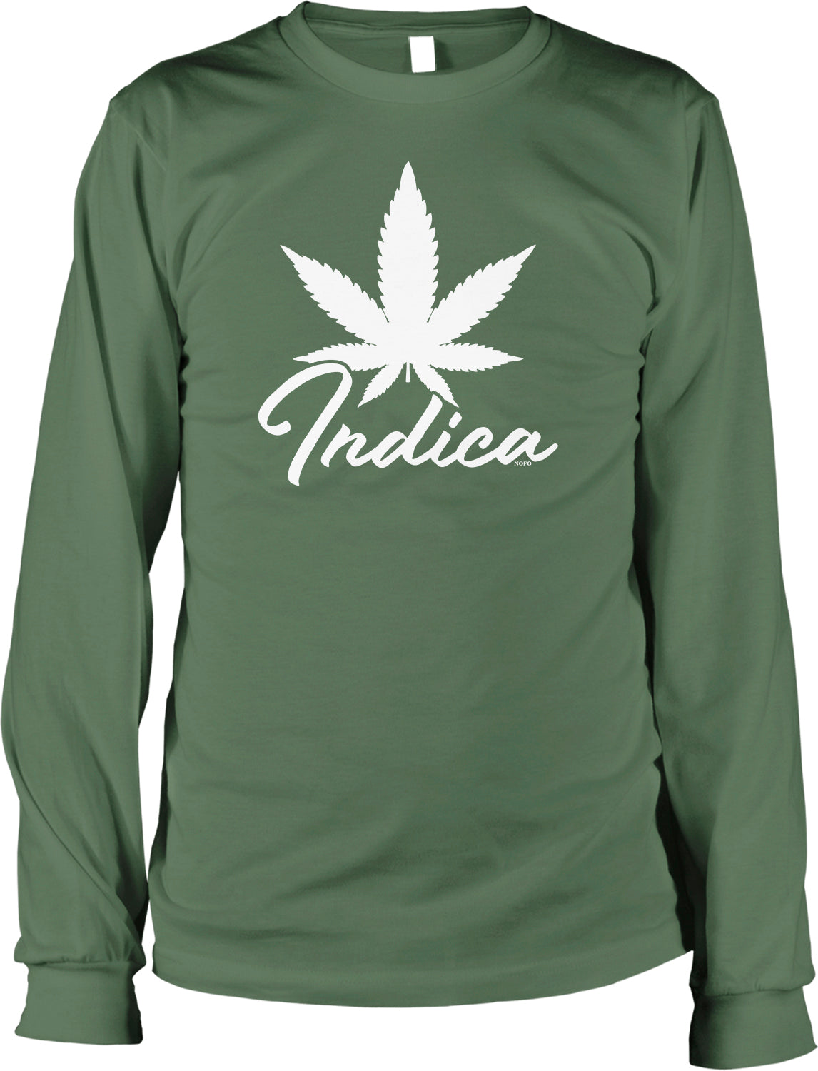 A long-sleeved green t-shirt with a white graphic of a marijuana leaf and the word "Indica" printed on it.