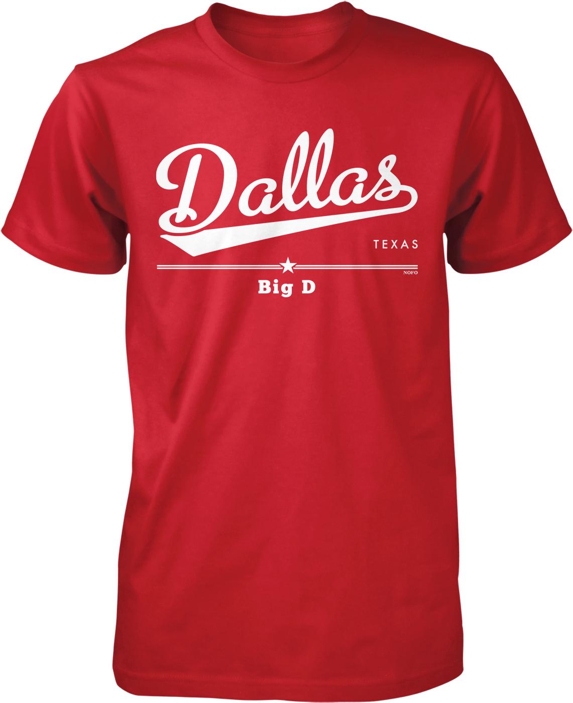 A red t-shirt with white text that says "Dallas, TX" and "Big D".