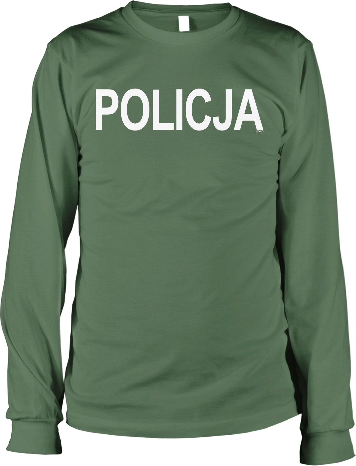 A long-sleeved green t-shirt with the word "POLICJA" printed in white letters.