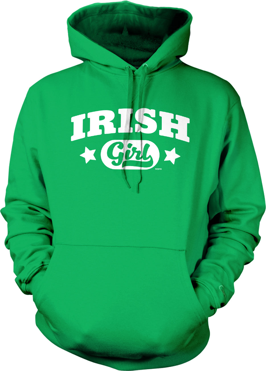A bright green hoodie with the text "IRISH GIRL" printed on it.