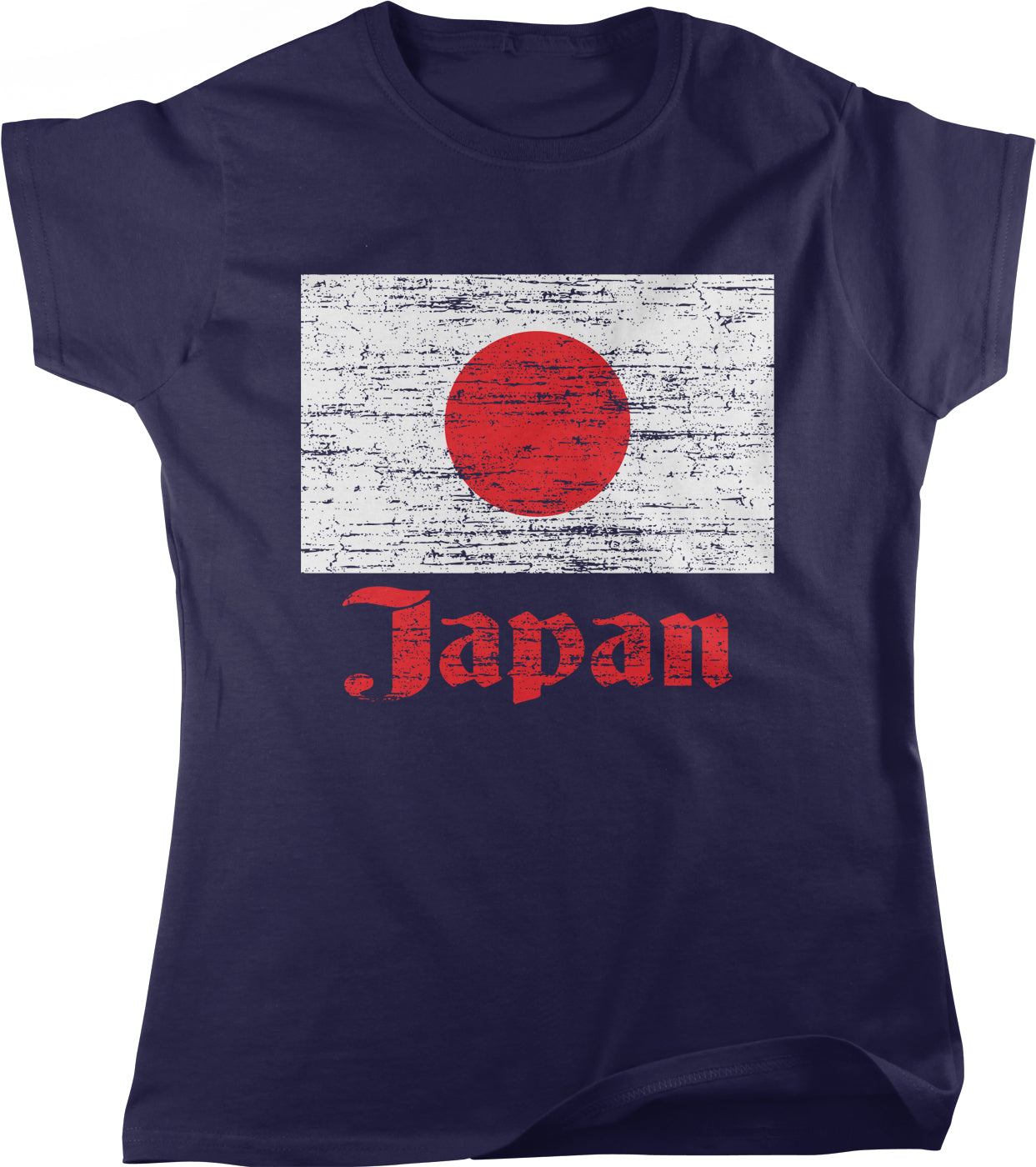 A navy blue t-shirt with a graphic design depicting the Japanese flag and the word "Japan" written in red text.