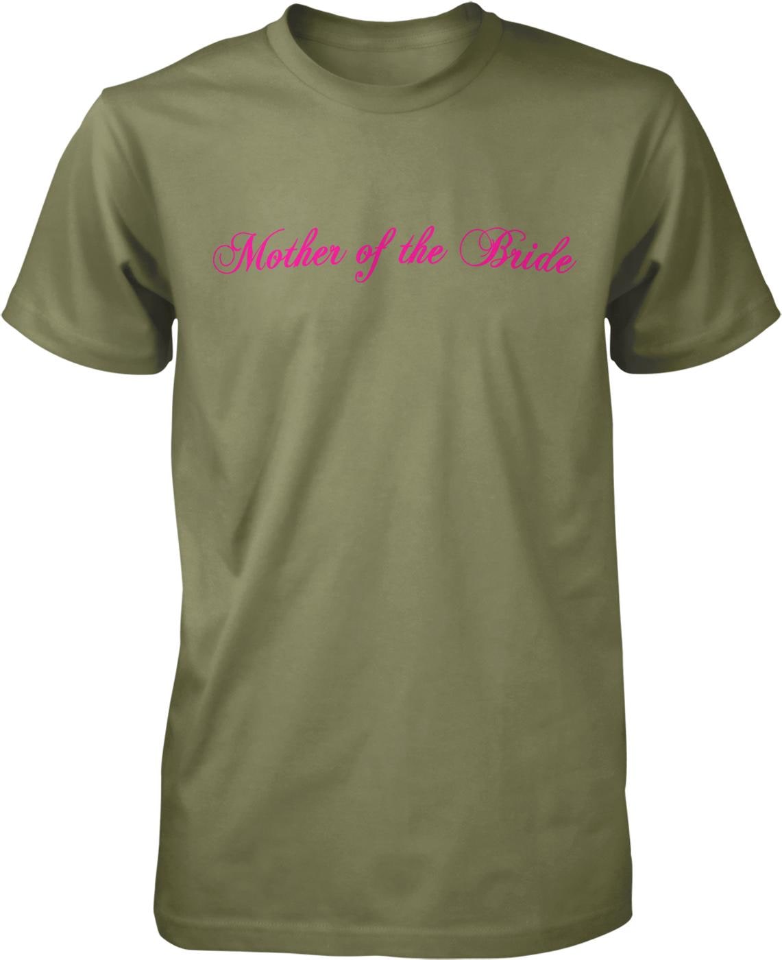 A green t-shirt with the text "Mother of the Bride" printed in pink on it.
