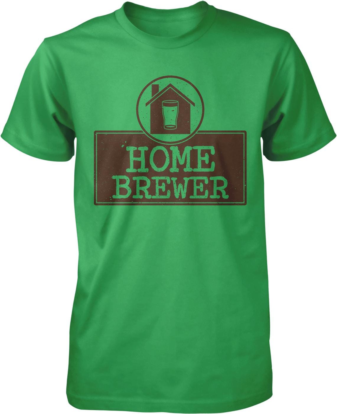 A green t-shirt with a graphic design that says "HOME BREWER" and features a house and a glass of beer.