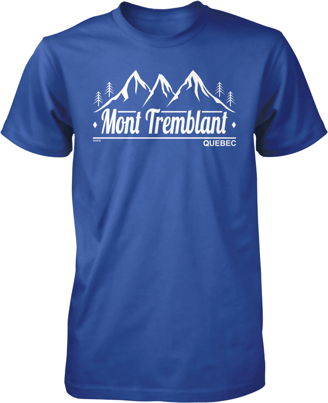 A blue t-shirt with a graphic design featuring a mountain range and the text "Mont Tremblant" and "Quebec" printed on it.
