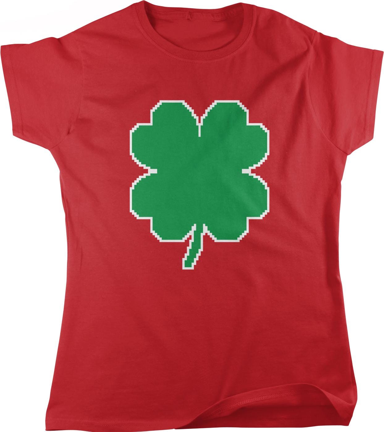 A red t-shirt with a green four-leaf clover graphic printed on it.