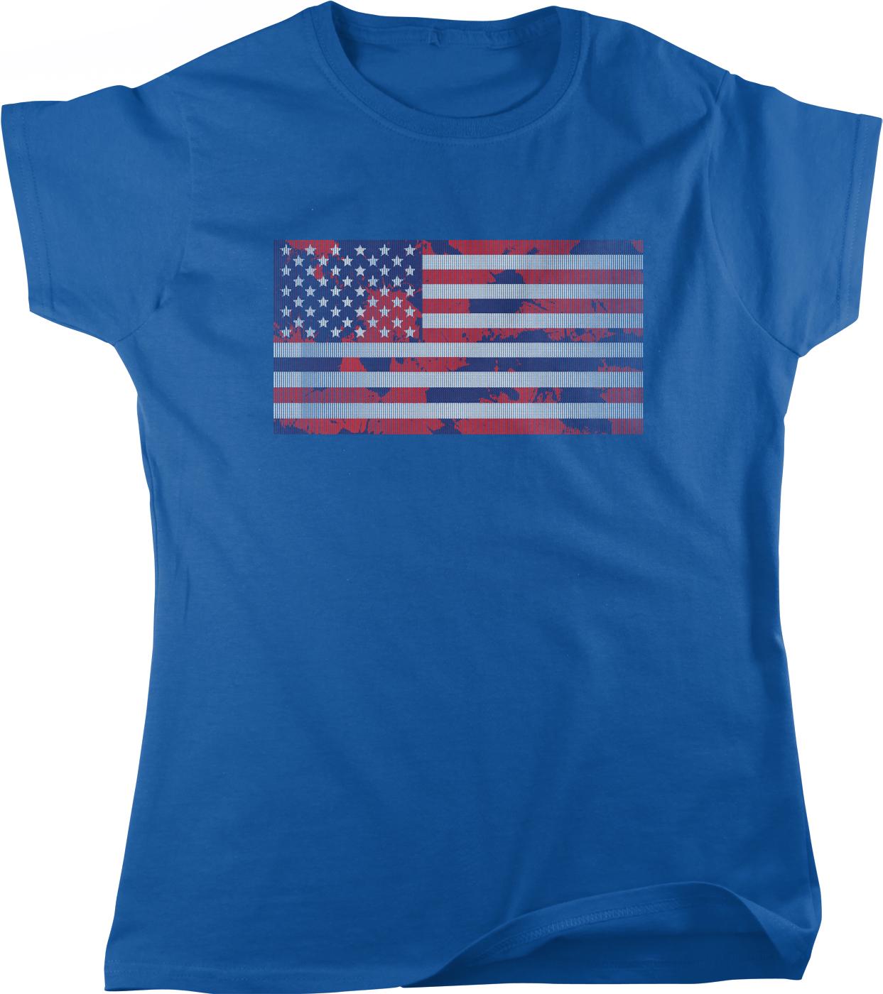 A blue t-shirt with a graphic of the American flag printed on it.
